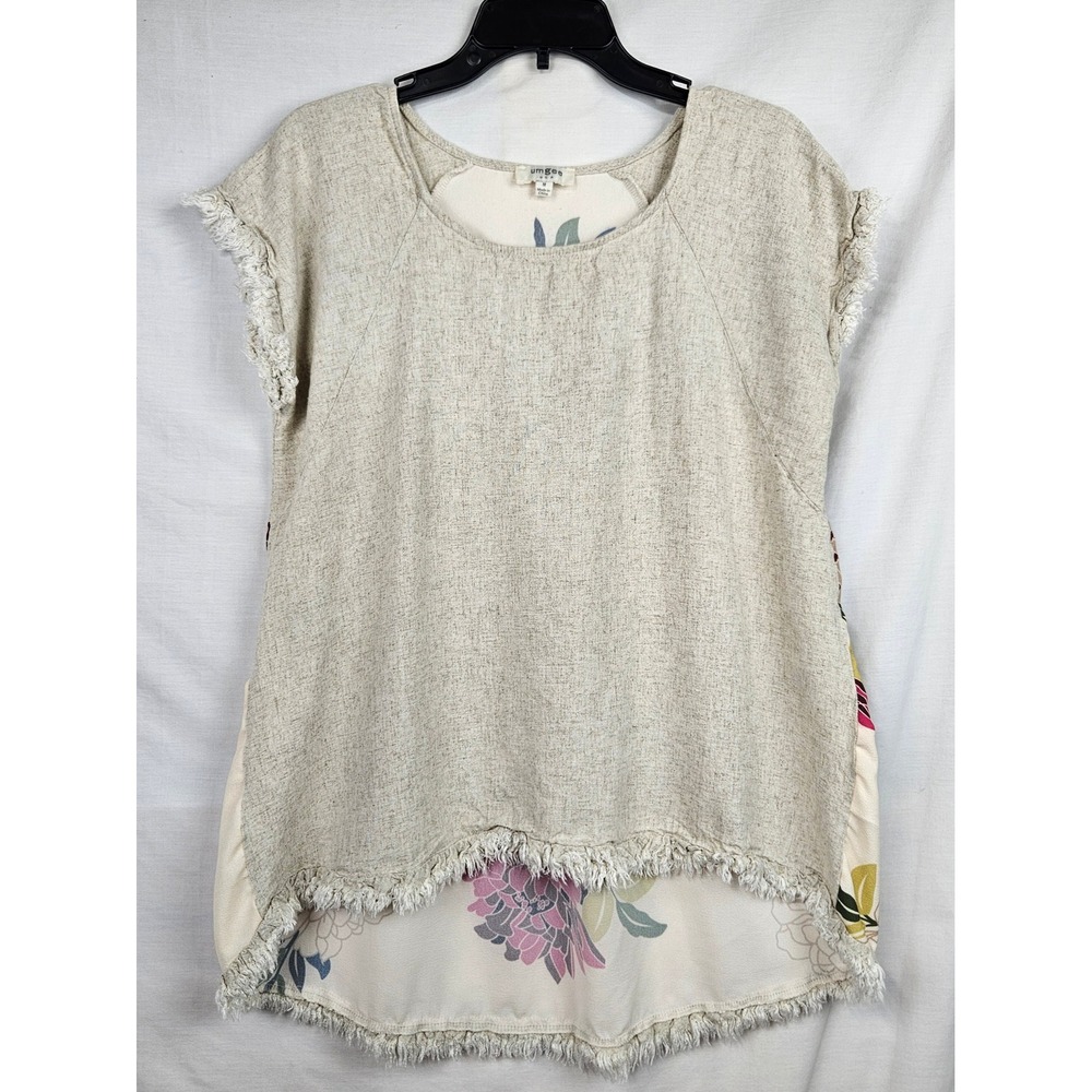 Umgee USA Womens Linen Blend Floral Mixed Media Fringe High Low Top Beige M